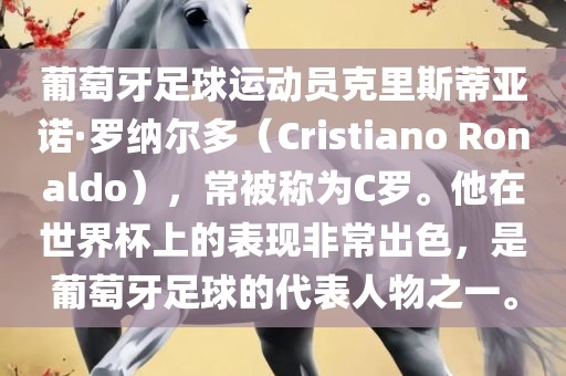 葡萄牙足球运动员克里斯蒂亚诺·罗纳尔多（Cristiano Ronaldo），常被称为C罗。他在世界杯上的表现非常出色，是葡萄牙足球的代表人物之一。