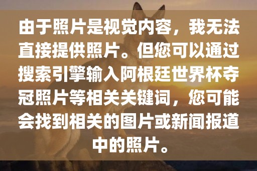 由于照片是视觉内容，我无法直接提供照片。但您可以通过搜索引擎输入阿根廷世界杯夺冠照片等相关关键词，您可能会找到相关的图片或新闻报道中的照片。