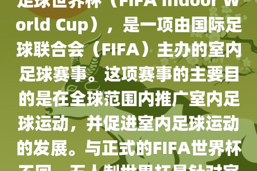 五人制世界杯，也被称为室内足球世界杯（FIFA Indoor World Cup），是一项由国际足球联合会（FIFA）主办的室内足球赛事。这项赛事的主要目的是在全球范围内推广室内足球运动，并促进室内足球运动的发展。与正式的FIFA世界杯不同，五人制世界杯是针对室内足球的比赛。