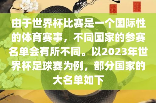 由于世界杯比赛是一个国际性的体育赛事，不同国家的参赛名单会有所不同。以2023年世界杯足球赛为例，部分国眉山市正发家政服务有限公司家的大名单如下
