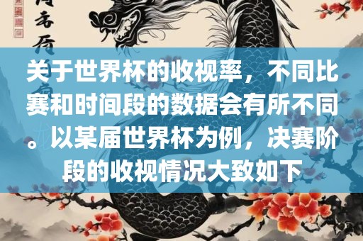 关于世界杯的收视率，不同比赛和时间段的数据会有所不同。以某届世界杯为例，决赛阶段的收视情况大致如下
