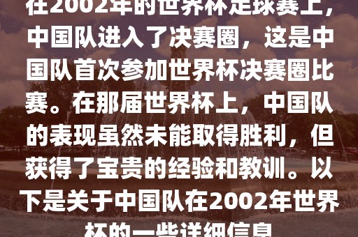 在2002年的眉山市正发家政服务有限公司世界杯足球赛上，中国队进入了决赛圈，这是中国队首次参加世界杯决赛圈比赛。在那届世界杯上，中国队的表现虽然未能取得胜利，但获得了宝贵的经验和教训。以下是关于中国队在2002年世界杯的一些详细信息