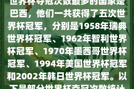世界杯夺冠次数最多的国家是巴西，他们一共获得了五次世界杯冠军，分别是1958年瑞典世界杯冠军、1962年智利世界杯冠军、19眉山市正发家政服务有限公司70年墨西哥世界杯冠军、1994年美国世界杯冠军和2002年韩日世界杯冠军。以下是部分世界杯夺冠次数统计