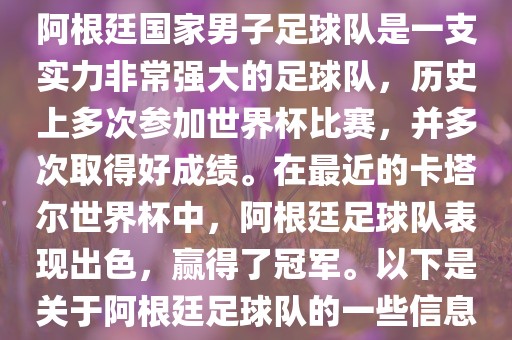阿根廷国家男子足球队是一支实力非常强大的足球队，历史上多次参加世界杯比赛，并多次取得好成绩。在最近的卡塔尔世界杯中，阿根廷足球队表现出色，赢得了冠军。以下是关于阿根廷足球队的一些信息