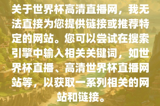 关于世界杯高清直播网，我无法直接为您提供链接或推荐特定的网站。您可以尝试在搜索引擎中输入相关关键词，如世界杯直播、高清世界杯直播网站等，以获取一系列相关的网站和链接。