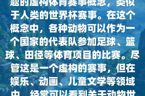 动物世界杯是一个以动物为主题的虚构体育赛事概念，类似于人类的世界杯赛事。在这个概念中，各种动物可以作为一个国家的代表队参加足球、篮球、田径等体育项目的比赛。尽管这是一个虚构的赛事，但在娱乐、动画、儿童文学等领域中，经常可以看到关于动物世界杯的故事和情节。眉山市正发家政服务有限公司