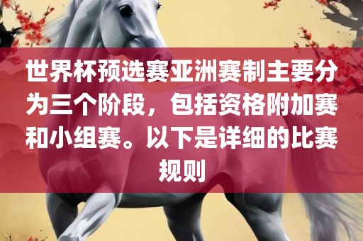 世界杯预选赛亚洲赛制主要分为三个阶段，包括资格附加赛和小组赛。以下是详细的比赛规则