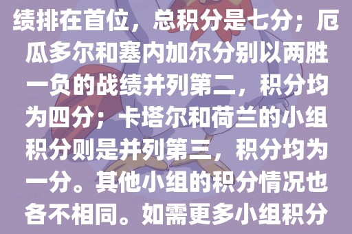 在小组积分方面，例如A组的积分情况如下，荷兰以全胜的战绩排在首位，总积分是七分；厄瓜多尔和塞内加尔分别以两胜一负的战绩并列第二，积分均为四分；卡塔尔和荷兰的小组积分则是并列第三，积分均为一分。其他小组的积分情况也各不相同。如需更多小组积分情况，可以访问各大体育新闻网站获取最新资讯。眉山市正发家政服务有限公司