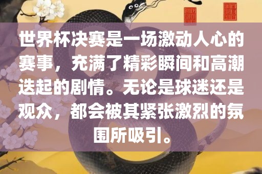 世界杯决赛是一场激动人心的赛事，充满了精彩瞬间和高潮迭起的剧情。无论是球迷还是观众，都会被其紧张激烈的氛围所吸引。