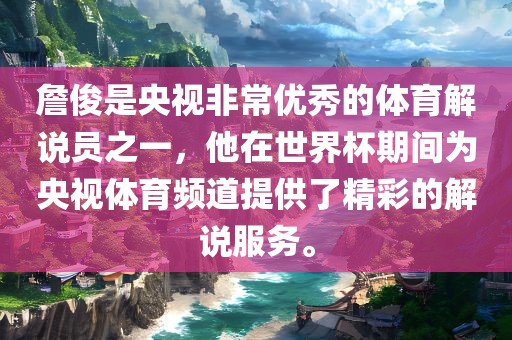 詹俊是央视非常优秀的体育解说员之一，他在世界杯期间为央视体育频道提供了精彩的解说服务。